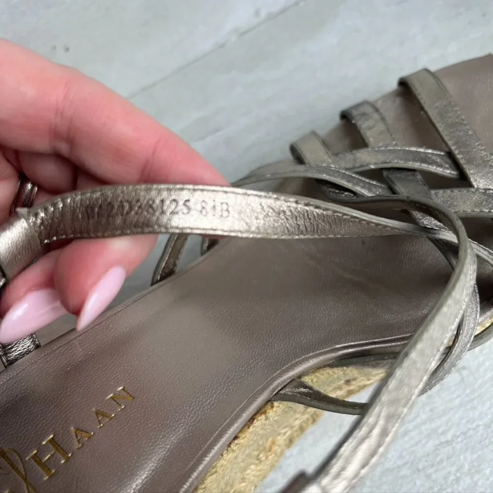 ** Cole Haan Strappy Silver Metallic Espadrille Wedge Sandals Size 8.5B